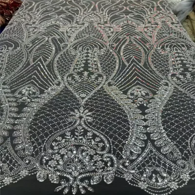 High-end White Sheer Mesh Fabric 100% Acrylic Sequins Beads Embroidery Abrasion-Resistant Wholesale Material for Wedding Dresses