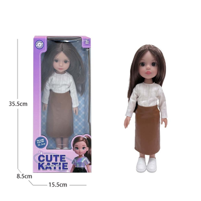 Dolls for girls 14 inch with straight brown hair and blue Eyes, White shirt with brown long dress for kids