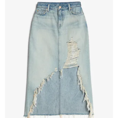 Distressed High-Low Hem Denim Summer Skirt Asymmetrical Hem Design Denim Skirt With Pockets for Sexy Women Ladies