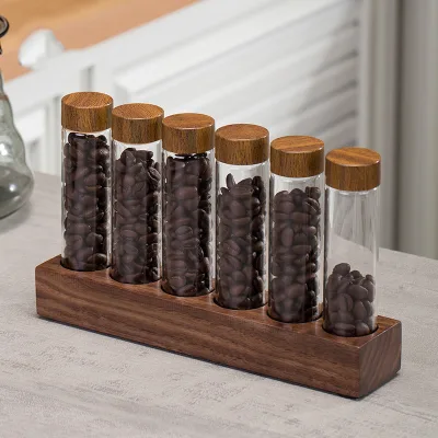 New Arrival Testing Tubes Set With Walnut Wooden Set for Coffee Bean Flower Tea Glass Coffee Beans Display Rack