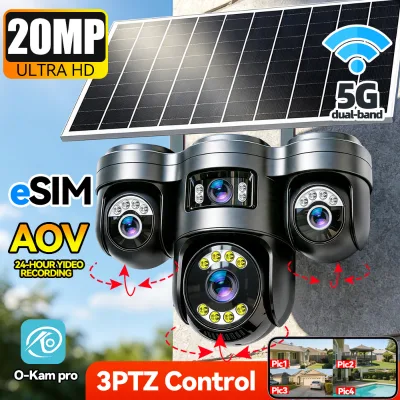 20MP 6 Motors 3 PTZ Four Screens Solar Cctv Camera Outdoor 4g Solar Cameras 5G WiFi Network Camera O-kam Wi-fi Security Camera