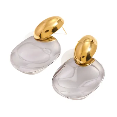 J&D 18k Gold Stainless Steel Two Tone Smooth Oval Wave Round Drop Earrings Statement for Women