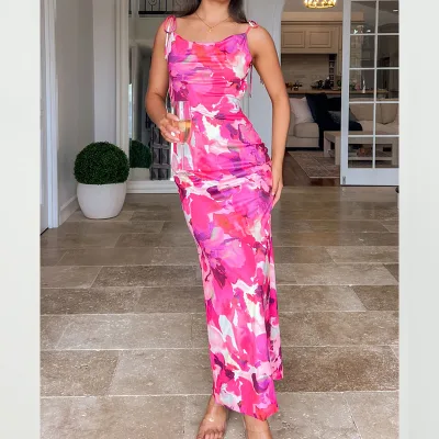 Aschulman Custom Pink Printed Bandage Bandage Sexy Sleeveless Floral Satin Long Party Dress Womens Maxi Dresses