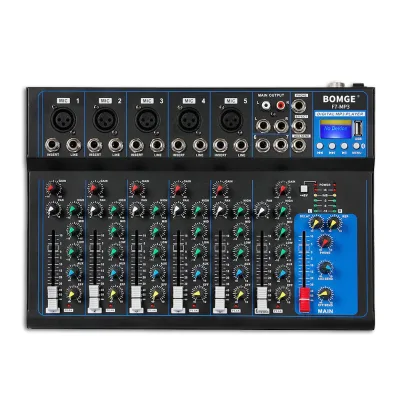OEM F7 Audio Mixer with Dual XLR/Bluetooth Inputs Stereo Output Button Control 220V/110V Compatibility for Music Players Singing