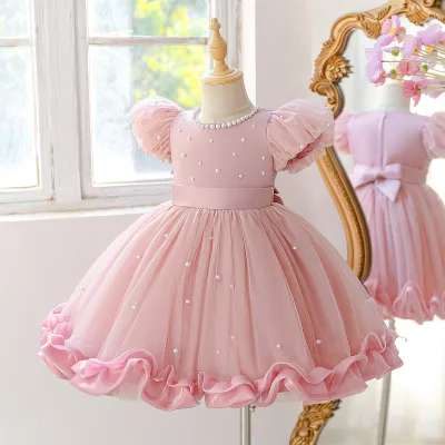 mk girl pink Appliqued Tulle Ball Gown Princess Wedding dress girl Banquet Piano Performance Dresses