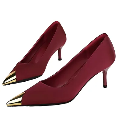 European American Style Summer Banquet Super High Heels Stiletto Shallow Mouth Satin Metal Pointed Slim Mid Heel PVC Lining