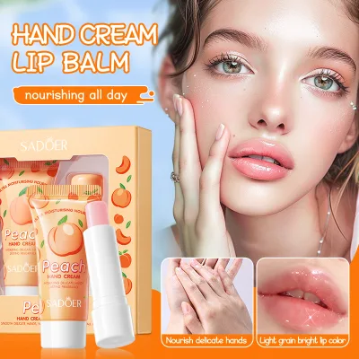 SADOER Peach Hand Cream Lip Balm Box Set Skin Care Products Moisturizing Nourishing Anti Dry Cracking Repairing Improve Lines