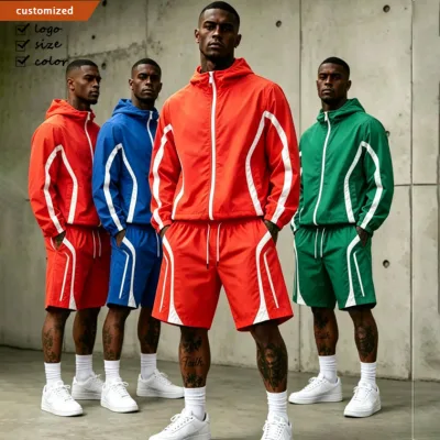 Men's Summer Sports Woven Hooded Reflective Nylon Fabric Quick-Dry Windbreaker Jacket Shorts Set Digital Print Letter Pattern