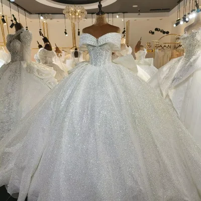 NDA10031 Wedding Gown V-neck off Shoulder Lace up Back Heavy Shinny Luxury Sexy Bride Dress