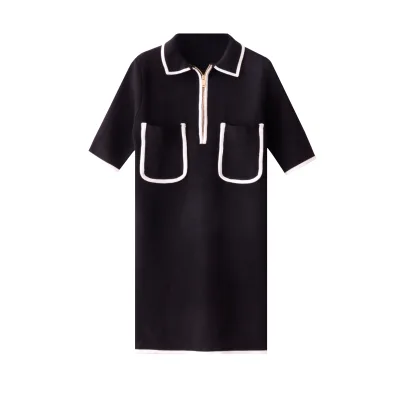Ladies Casual Long POLO Collar Knitting Dress Knee-Length Shirt Dress with Short Sleeves Formal Style OEM Service Available