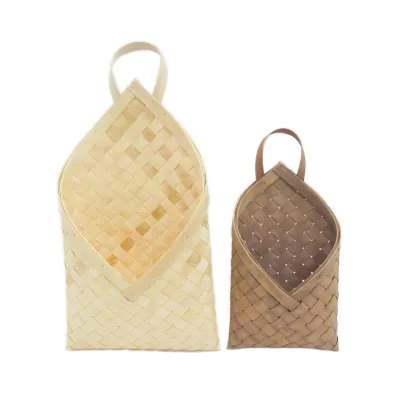 Wholesale Bamboo Rectangular Wall Mounted Eco-Friendly Mini Handle Storage Basket for Kitchen Bathroom