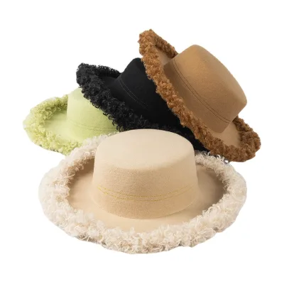 Autumn Winter New Fashion Leisure Circle Curly Brim Flat Top Wool Striped Ladies Outdoor Shopping Warm Telescope Pork Pie Hat