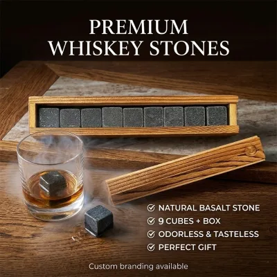 Reusable Natural 9 Whiskey Stones Granite Ice Cube Chilling Whiskey Stones Set in Wooden Box Shunstone Factory