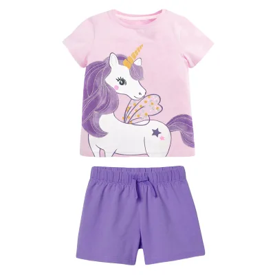 Little Maven Girls' Casual Set European and American Style Summer Short-Sleeved Outfit Cotton with Cartoon Pattern