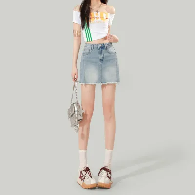Women's Casual High Waist Midi Skirt Vintage A-Line Denim with  Anti-exposure Lining Skinny Fit Washed Technique for Summer