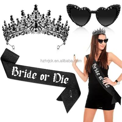 Hen Party Accessories Bachelorette Party Black Bride or Die Sash Crown and Sunglasses 3pc Set