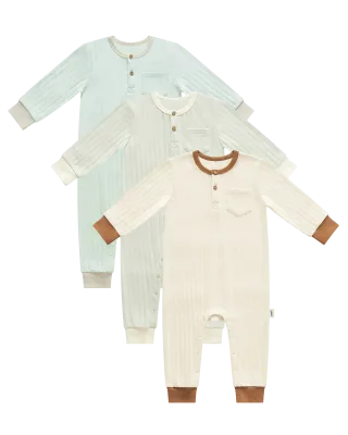 Wholesale Organic Cotton/Bamboo Baby Knitted Romper Vertical Strip Jacquard Contrast Color Cuff Snap Button Closure Unisex Long