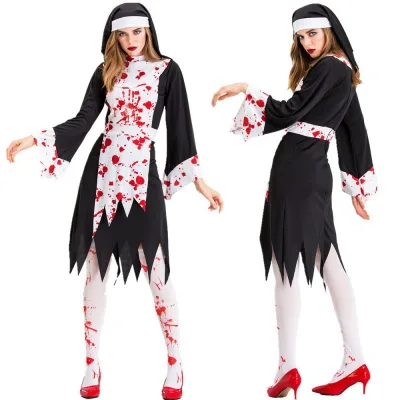 Hot Selling Halloween Horror Bloody Nun Costume Adult Vampire Zombie Outfit Party Carnival Cosplay Performance Dress