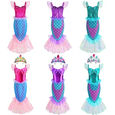 Ariel Little Mermaid Cosplay Costume New Style Flutter Sleeve Mermaid Tail Dress for Girls for Halloween Fantasy Dress-Up