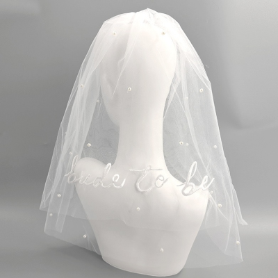 Double Layer Pearl Embroidered Bridal Veil Bachelorette Party White Letter Veil with Bride-to-Be Appeal Double Layer Yarn 45*55