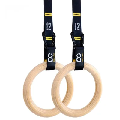 Leajoy Wooden Gymnastic Rings Adjustable Eco-Friendly Nylon Straps 280cm Exercise Home Training Quick Install Carabiner Pull