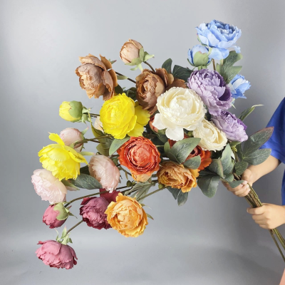 A-342 Wholesale Artificial Peony Silk Flower 3 Heads Big Peonies Brown Peony Silk Flowers