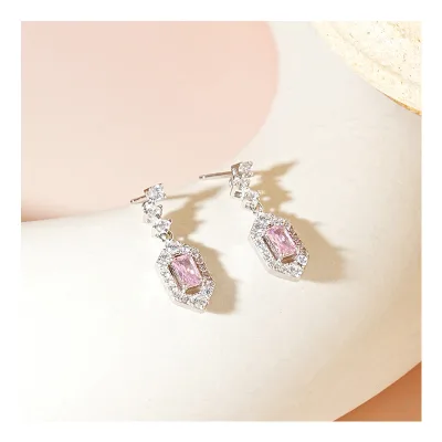 Fast Delivery S925 Sterling Silver pink Zircon Earrings Geometric Design 2024 New Premium Earrings for Women