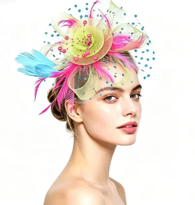 Polka Dot Mesh Rose Fascinator Hat Feather Flower Hair Clip Women Wedding Tea Party Cocktail Bridal Headpiece