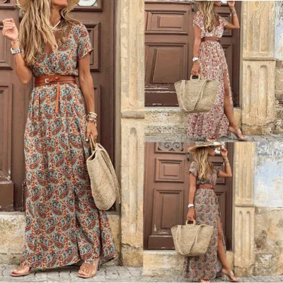 Women's Casual V Collar Floral Dress Summer Floor-Length Chiffon Front Logo Hot Explosions