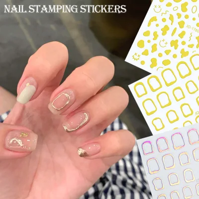 Newest Simple Laser Gold Silver Color Cow Pattern Nail Art Sticker Gold Edge Hollow Border Sticker