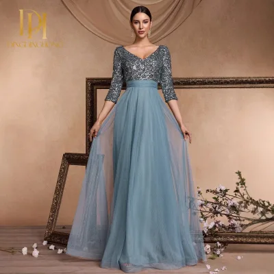 V-neck Short-sleeved Sequined Chiffon A-line Floor Elegant Ball Evening Dress Chiffon Fabric Evening Dress