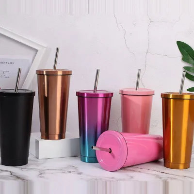 FREE SAMPLE Customized Double Wall 304 Stainless Steel Coffee Mugs Thermal Coffee Cups with Straw Manufacture Direct Sales