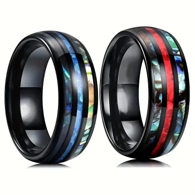 Fashion 8MM Stainless Steel Ring With Blue Red Natural Opal Stone Abalone Shell Inlay Ring for Women Engagement Wedding Bands