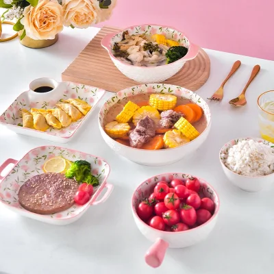 Delicate Pink Floral Porcelain Dinnerware Set - Elegant Fresh Style Ceramic Plates & Bowls, Romantic Blossom Tableware for Home