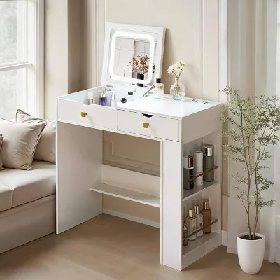 Modern Home Style Small Makeup Vanity Desk with Flip Top Mirror Power Outlet Side Organizer