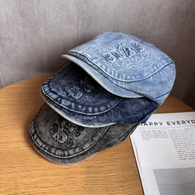 Washed Denim Trend Splicing Retro Vintage Style Letter Embroidery Forward Hat Retro Beret Big Head Circumference Hat