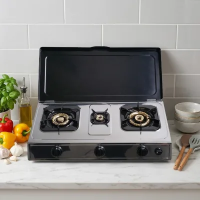 Wholesale 3 Burner Tabletop Gas Stove with Cover Brass Burner Cap Flame Failure Device for Outdoor and Indoor Cooking