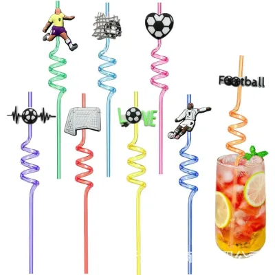 Football Straw Decoration Small Accessory Soft Silicone Patch Removable PET Material Creative Party Item Colorful Spiral Straws