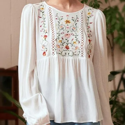 New Arrival Arab Muslim Women Tops Long Sleeve Islamic Clothing Blouse Fashion White Hand Embroidery Tunic Full Summer Woven