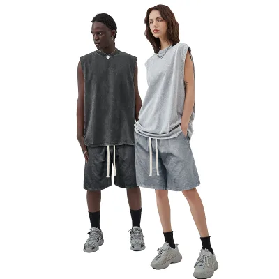 2 pcs Sets Retro Tops & Shorts 100% Cotton 230g Oversize Short Sleeve/Sleeveless T Shirt Washed for Men Women Custom ODM OEM