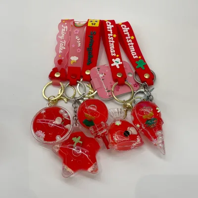 Wholesale Christmas Liquid Acrylic Keychain Snowflake Glitter Mini Cup & Ice Cream Design with PVC Wrist Strap Oil Filled