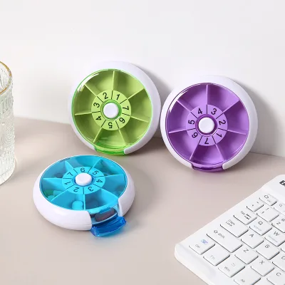 Modern Minimalist Round Weekly Pill Box 7-compartment Rotating Dispenser Travel-ready Compact Plastic Portable Pill case