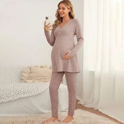 Custom Long Nursing PJS Half Button Top Adjustable Waist Leggings Maternity Pajama Clothes