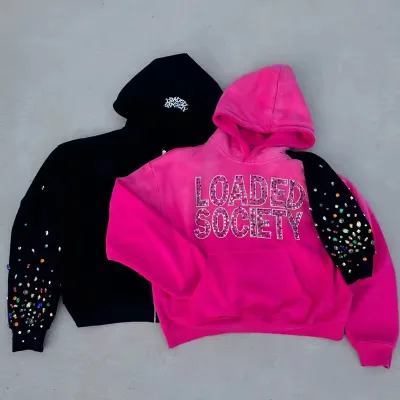 Custom Black Cotton Men's Hoodie High Quality Logo Embroidery Oversized Bling Skull Spider Design Winter Fleece Hooded Coat