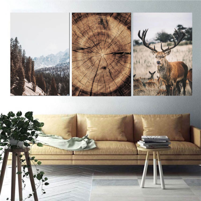 Mountain Landscape Animal Deer Picture Nature Wood Growth Ring Scandinavian Poster Home Decor Nordic Wall Art Canvas Painting