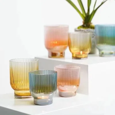Colorful Custom Wholesale Round Amber Color Glass Candle Jar Empty Glass Jars with Metal Lids and Wooden Lids in Tap