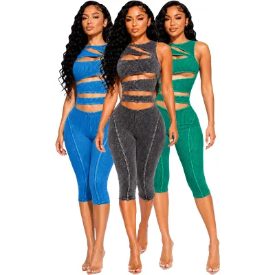 Y4987 New Fashion Women's Washed Distressed Threaded Hollow Sleeveless Zipper Slim Fit Three-Point Jumpsuit