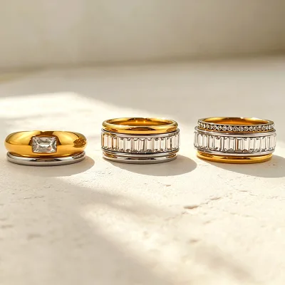 Two Tone Contrast Rotating Ring Inlaid Lab Created Zircon Stackable Stainless Steel Band ColorRetaining Geometric Shape Unisex