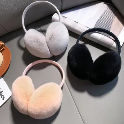 Trendy Real Rabbit Fur Earmuffs Beading Pearls Casual Style Comfortable Durable Heat-Transfer Printed 100% Polyester Winter