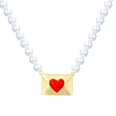 Fashion Red Heart Love Envelopment Pendant Pearl Chain Choker Necklace 18K Gold Envelope Necklace for Valentine's Day Gift